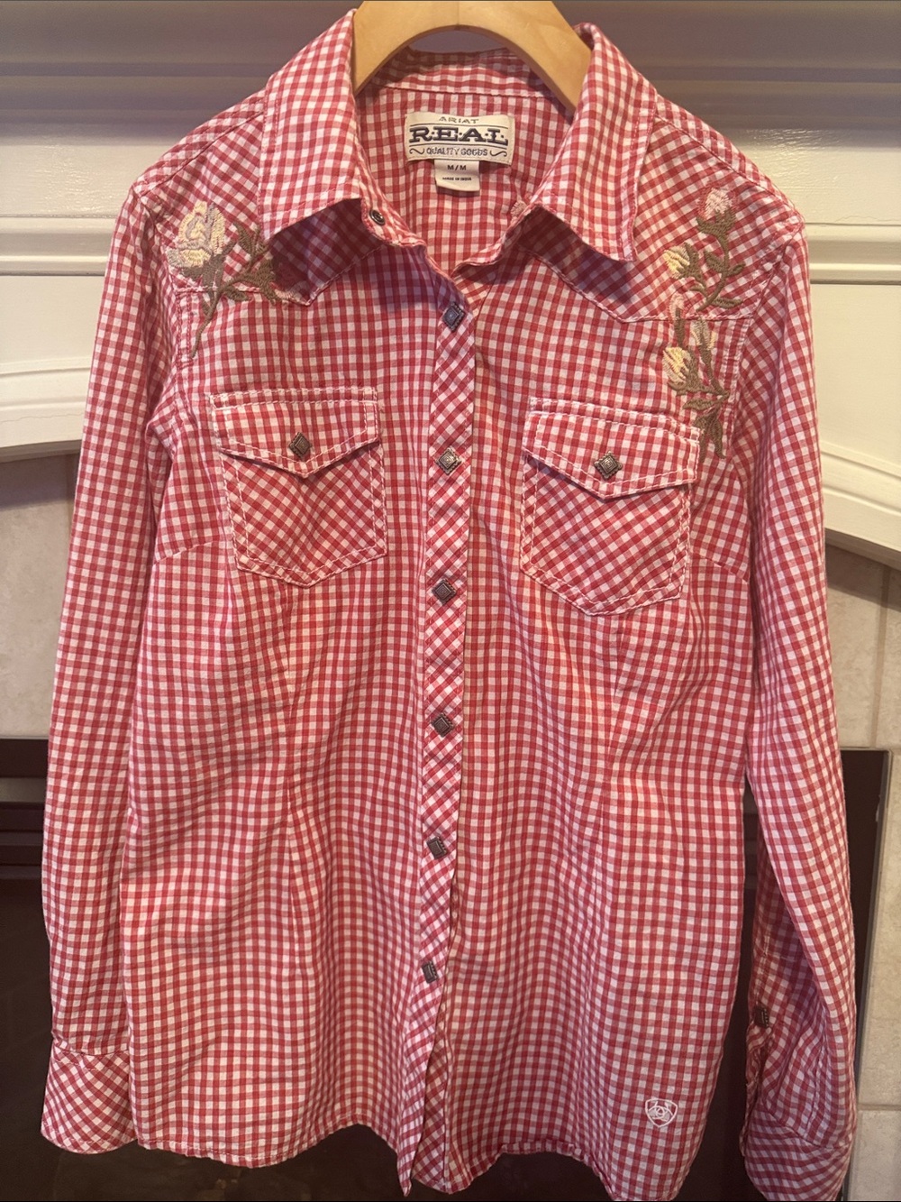 Ariat Red Gingham Western Shirt with Embroidered Detail